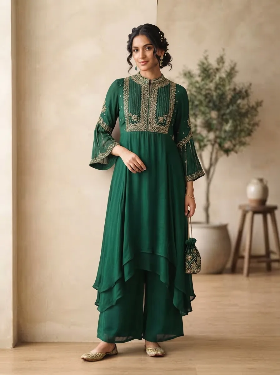 Contemporary Emerald Georgette Tunic Dress